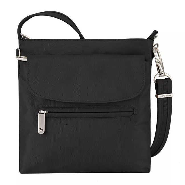 Black crossbody bag with a flap and front zippered pocket, featuring silver hardware and an adjustable strap.