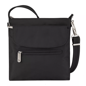 Black crossbody bag with a flap and front zippered pocket, featuring silver hardware and an adjustable strap.