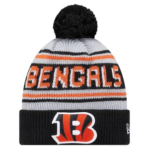 Black and gray NFL winter hat featuring \“Bengals\“ in orange and white letters with orange and black stripes, and a black pom-pom on top. The front has the Cincinnati Bengals logo with a white \“B\“ outlined in orange and black.