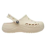 Beige platform Crocs clog with holes on the top and a pivoting heel strap. The branding \“Crocs\“ is embossed on the side, featuring a circular logo button near the strap.
