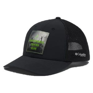 A black Columbia PFG hat with a mesh back features a patch on the front displaying the text \“Performance Fishing Gear\“ in green. It includes a Columbia PFG logo on the side.
