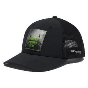 A black Columbia PFG hat with a mesh back features a patch on the front displaying the text \“Performance Fishing Gear\“ in green. It includes a Columbia PFG logo on the side.