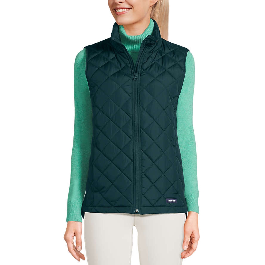 Lands' End FeatherFree Insulated Vest features a quilted design with a zip front, providing lightweight warmth. It is shown in a dark green color paired with a pale green turtleneck, ideal for layering.