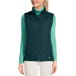 Lands' End FeatherFree Insulated Vest features a quilted design with a zip front, providing lightweight warmth. It is shown in a dark green color paired with a pale green turtleneck, ideal for layering.