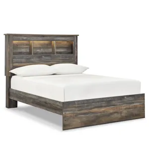 A rustic-style bed with a dark wood finish, featuring a headboard with three recessed shelves and soft lighting.