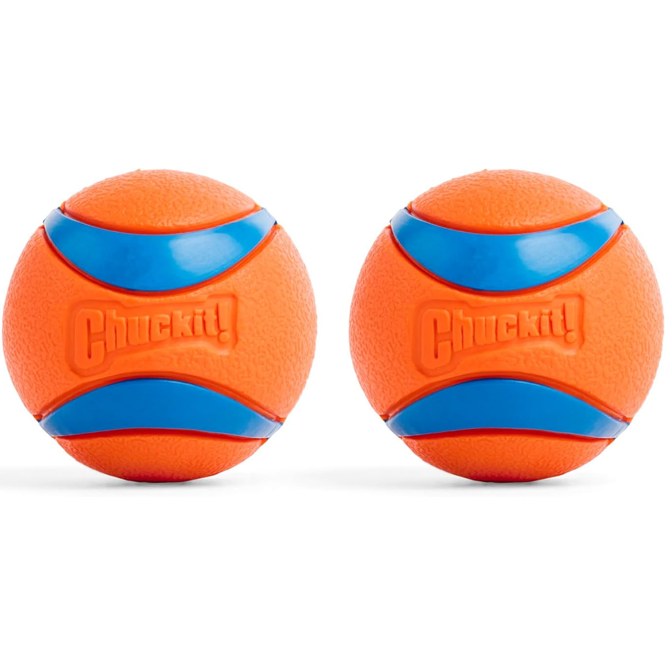 Two orange and blue Chuck-It dog toy balls designed for fetch, featuring a textured surface for easy grip.