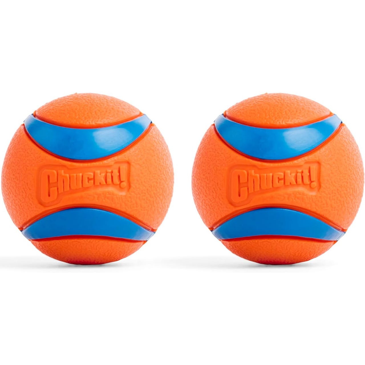 Two orange and blue Chuck-It dog toy balls designed for fetch, featuring a textured surface for easy grip.