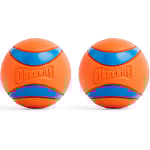 Two orange and blue Chuck-It dog toy balls designed for fetch, featuring a textured surface for easy grip.