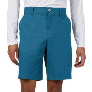 A closeup of blue, knee-length, 32 Degrees Stretch Woven Shorts featuring a button closure, belt loops, and a standard fit, paired with a white long-sleeve shirt.