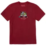 A red T-shirt featuring a cartoon design of a person, a dog, and a football in a truck bed, with the text \“Life is good.\“