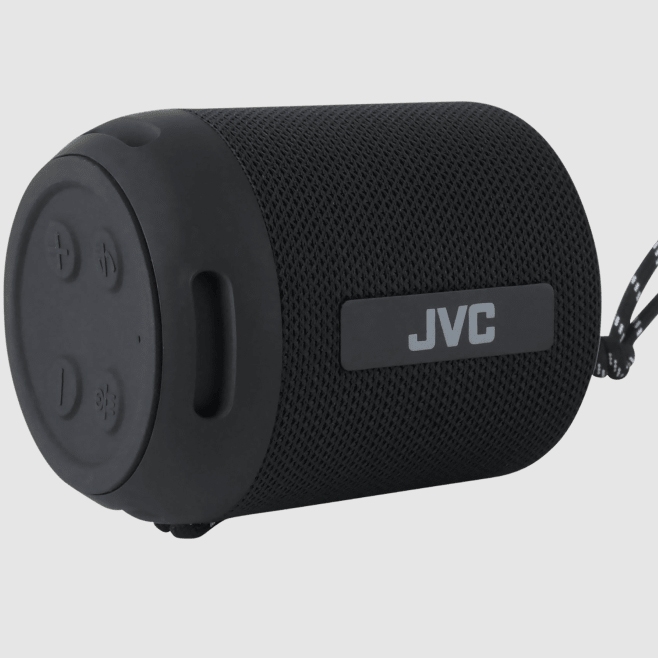 A black JVC portable Bluetooth speaker with control buttons on top.