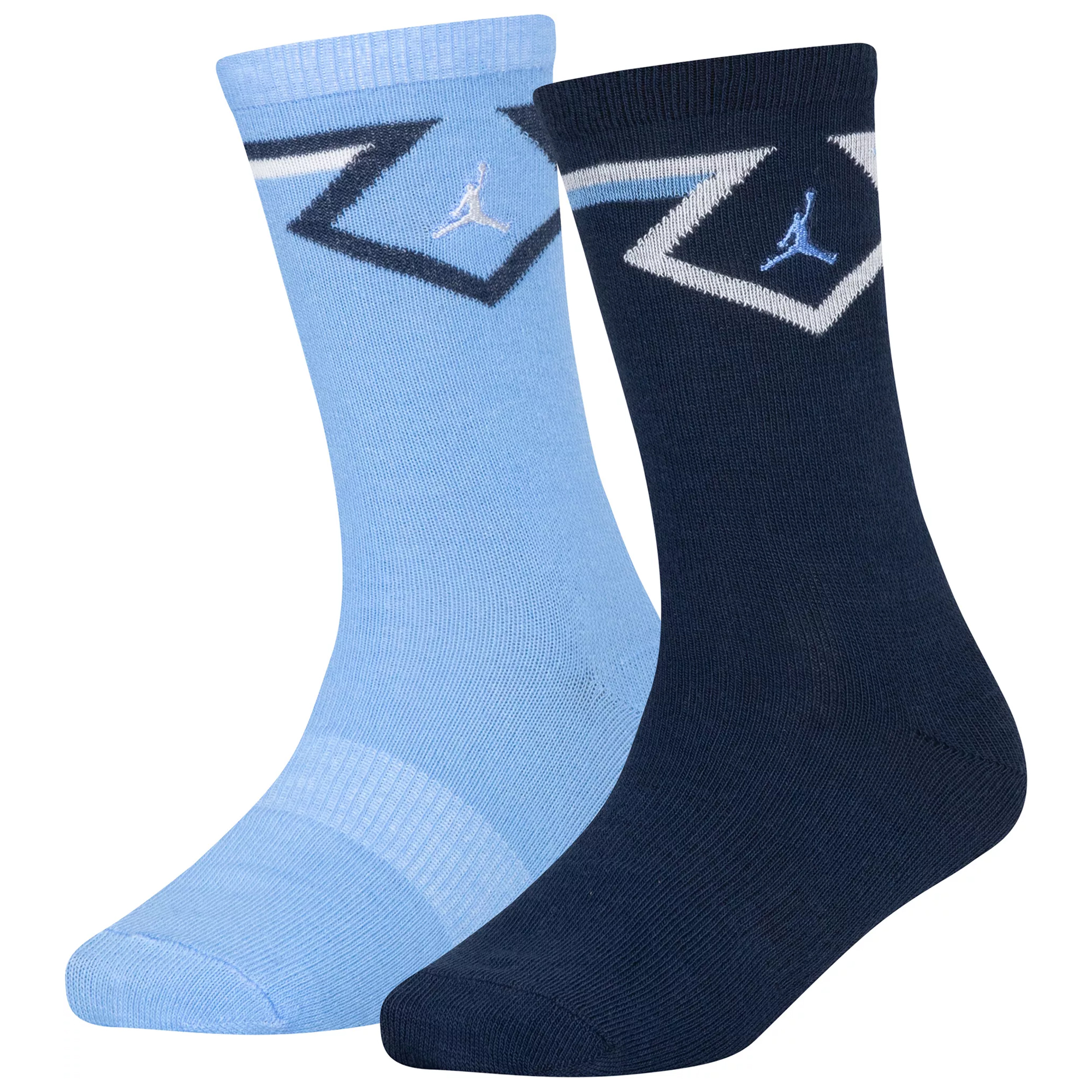 Two pairs of socks, one light blue and one navy, each featuring a geometric design and a small embroidered logo.