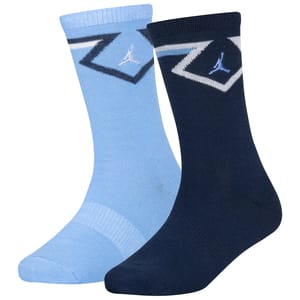 Two pairs of socks, one light blue and one navy, each featuring a geometric design and a small embroidered logo.