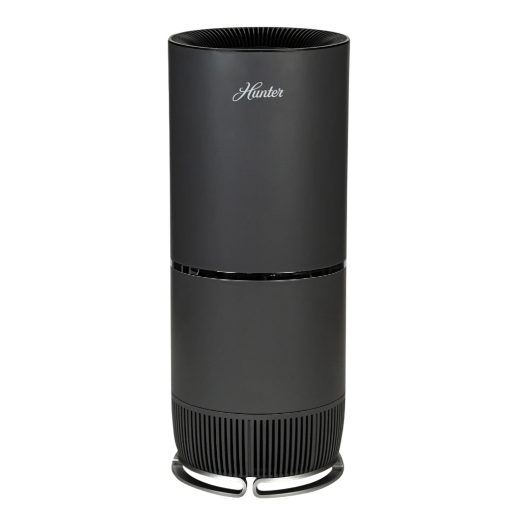 Hunter True HEPA Air Purifier in matte black features a cylindrical design with a vertical air intake and output.