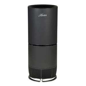 Hunter True HEPA Air Purifier in matte black features a cylindrical design with a vertical air intake and output.