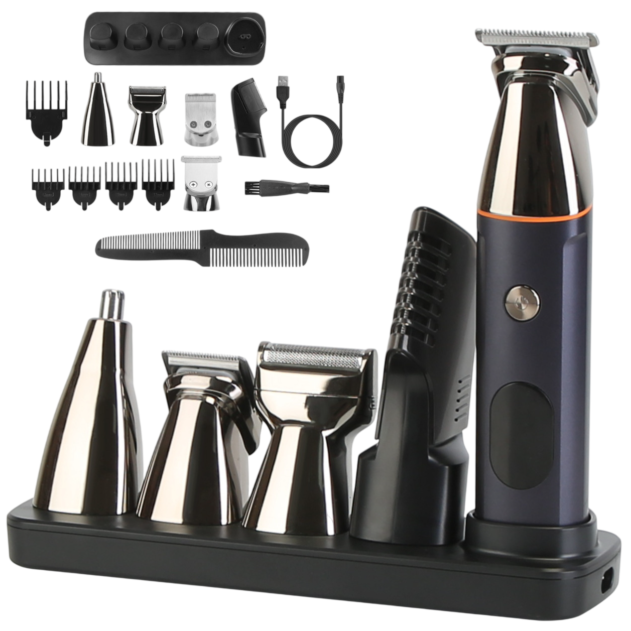 Multi-functional grooming kit with trimmer, various attachments, charging cable, adjustable guards, and a cleaning brush, all displayed in a charging stand.