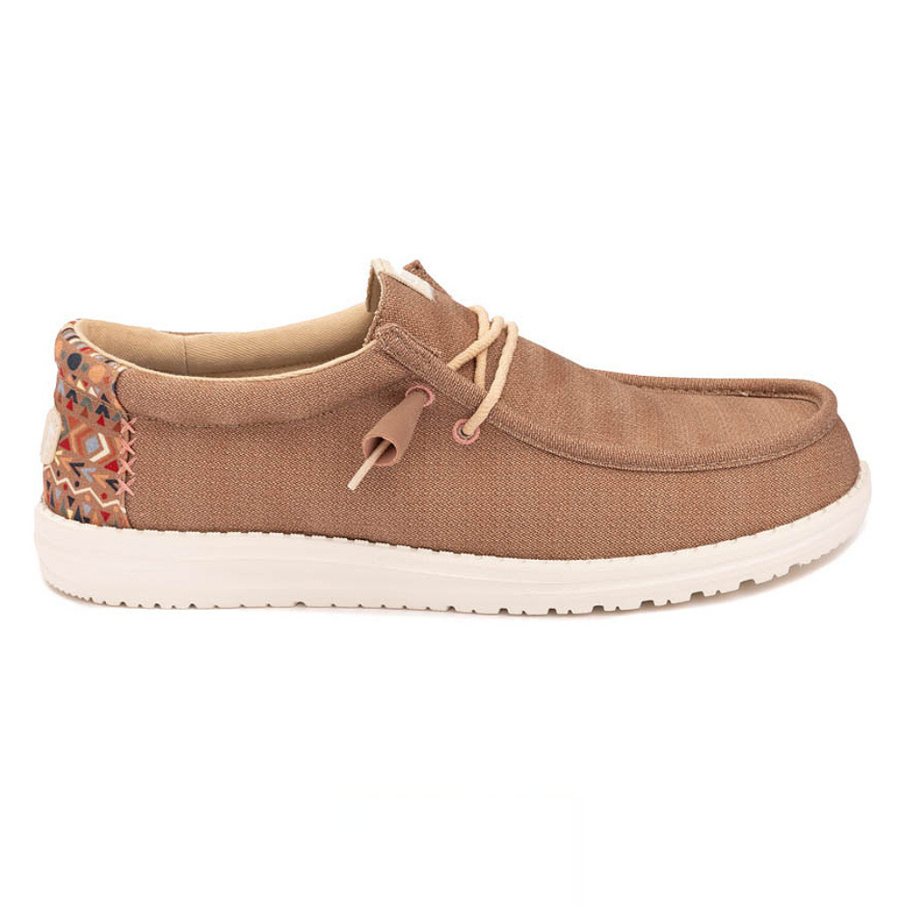 A casual, brown slip-on shoe with a white sole and beige laces; features a colorful geometric pattern on the heel.