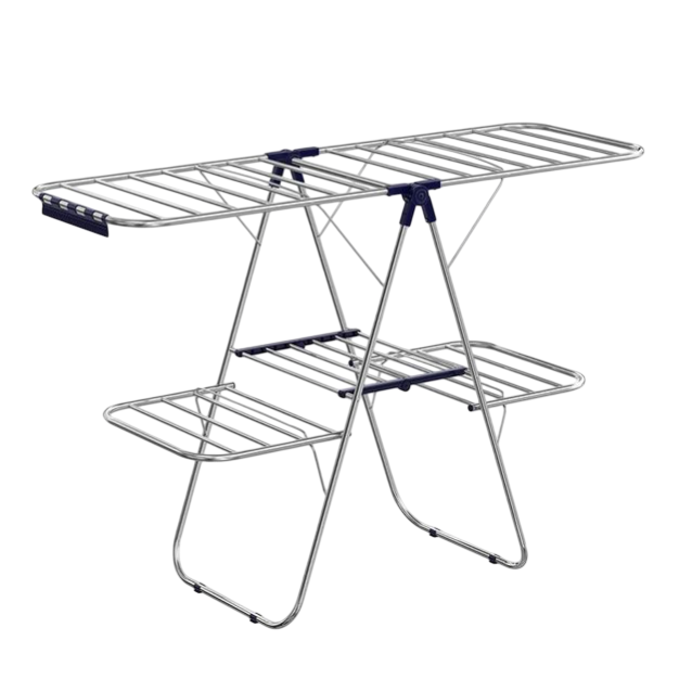 A foldable metal drying rack with multiple tiers and sections for hanging laundry.