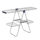 A foldable metal drying rack with multiple tiers and sections for hanging laundry.