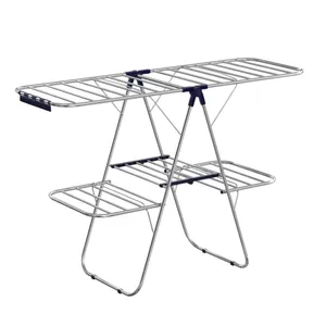 A foldable metal drying rack with multiple tiers and sections for hanging laundry.