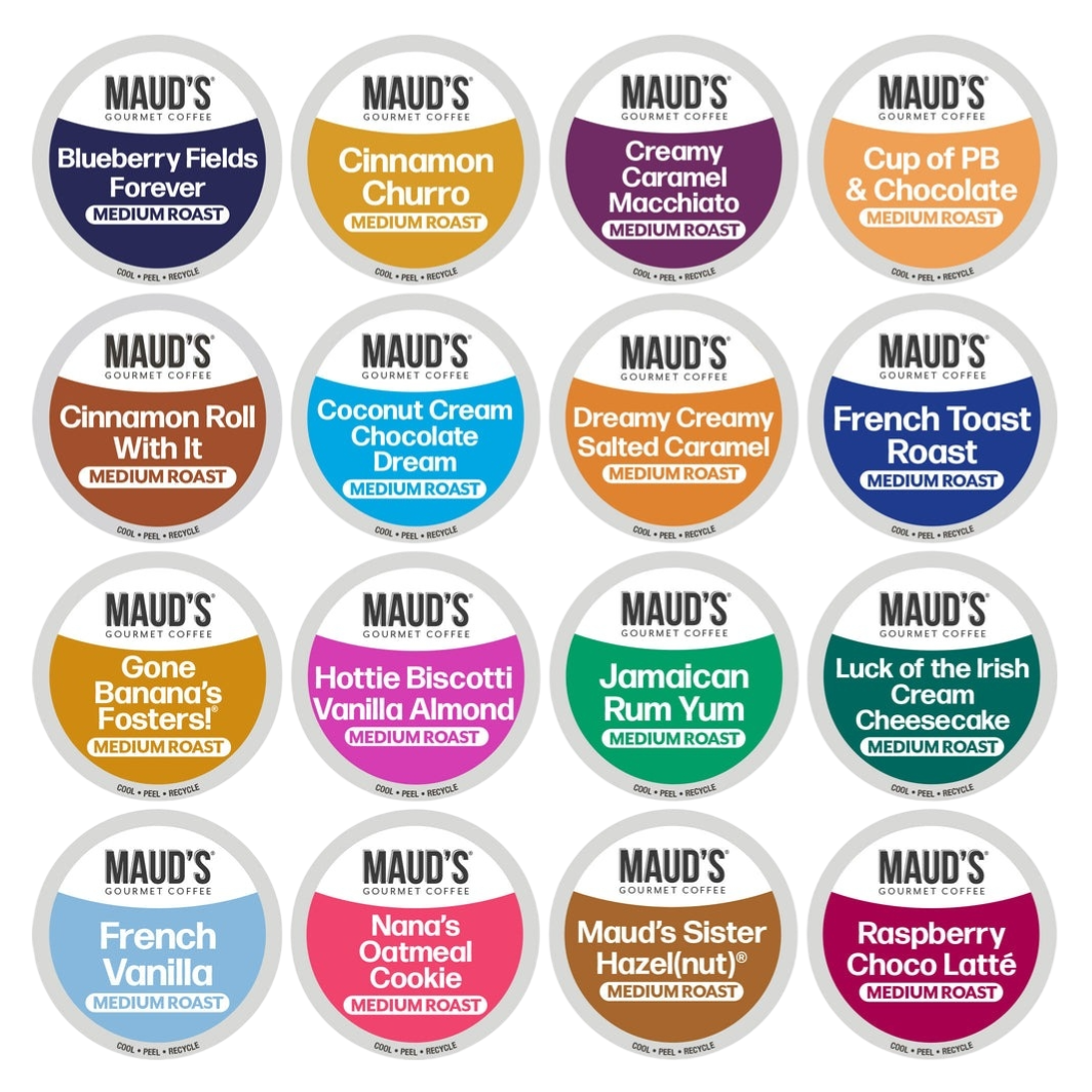 Maud's Gourmet Coffee offers a variety of medium roast flavored options, including Blueberry Fields Forever, Cinnamon Churro, Creamy Caramel Macchiato, Cup of PB & Chocolate, and more.
