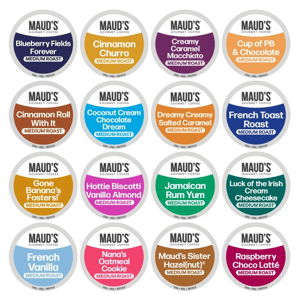 Maud's Gourmet Coffee offers a variety of medium roast flavored options, including Blueberry Fields Forever, Cinnamon Churro, Creamy Caramel Macchiato, Cup of PB & Chocolate, and more.