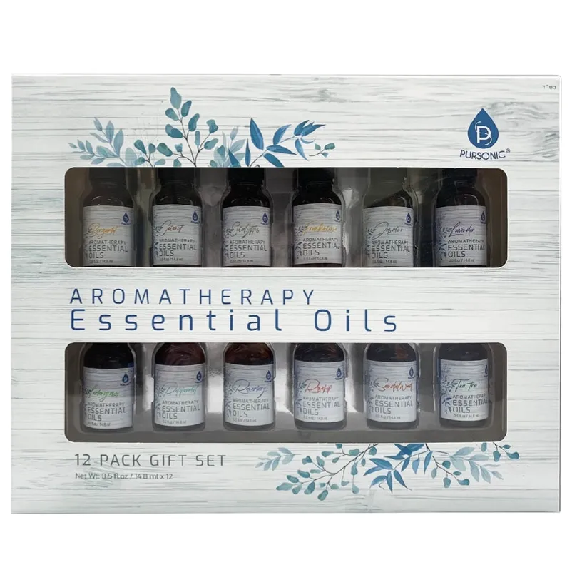 Aromatherapy Essential Oils 12-Pack Gift Set by Pursonic, each bottle contains 0.5 fl oz (14.8 ml). The set includes a variety of essential oils for different aromatic experiences.