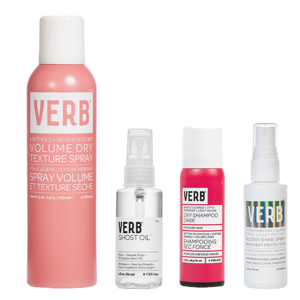 The 4pc Poker Haircare Set includes Verb Volume Dry Texture Spray, Verb Ghost Oil, Verb Dry Shampoo Dark, and Verb Glossy Shine Spray with Heat Protection.