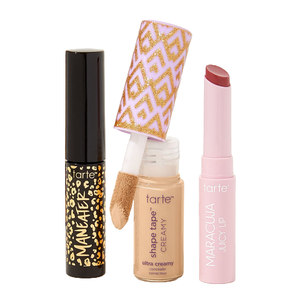 Tarte makeup set featuring Maneater mascara, Shape Tape Creamy concealer, and Maracuja Juicy Lip.