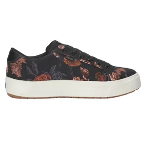 A black floral-patterned sneaker with a white platform sole and black laces.