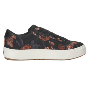 A black floral-patterned sneaker with a white platform sole and black laces.