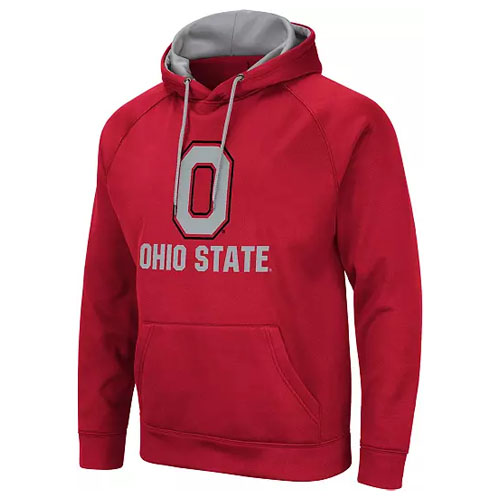 A red Ohio State hoodie with a large \“O\“ and \“Ohio State\“ printed on the front, featuring a gray-lined hood and front pocket.