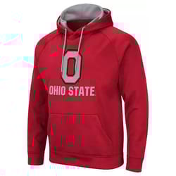 A red Ohio State hoodie with a large \“O\“ and \“Ohio State\“ printed on the front, featuring a gray-lined hood and front pocket.