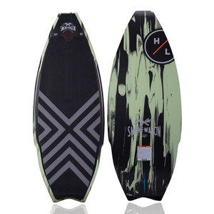 Two wakesurf boards are shown: one with a black and gray chevron pattern and the other with a black and green abstract design. Both display the \“Smoke Wagon\“ branding and the \“HL\“ logo.