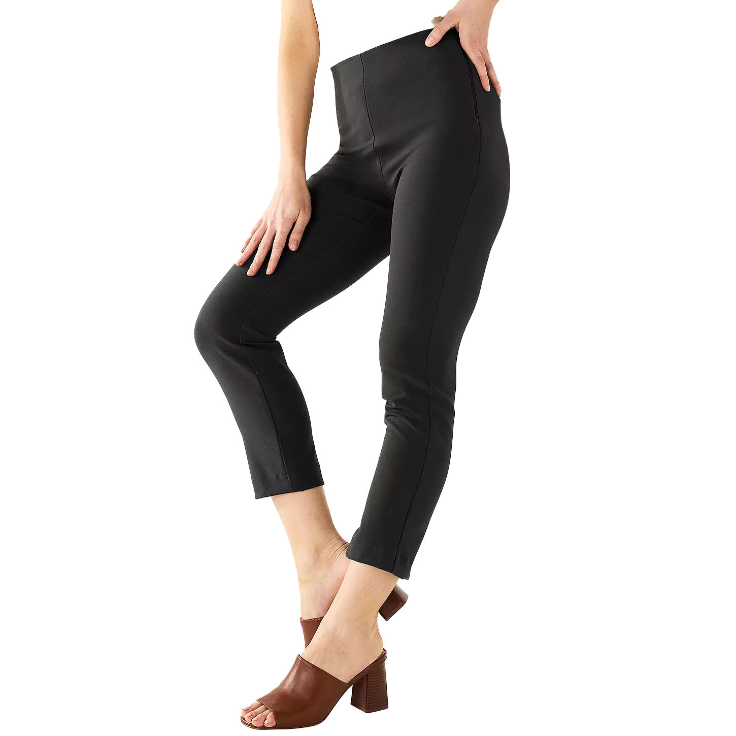 Nine West High-Rise Ankle Pants in black feature a fitted design with a high waist and cropped ankle-length hem. They are paired with brown block-heeled mules.