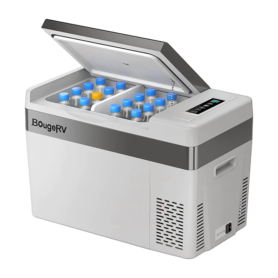 Portable electric cooler with digital display, filled with water bottles.