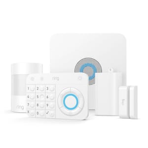 Ring home security system with a keypad, motion detector, contact sensor, and base station.