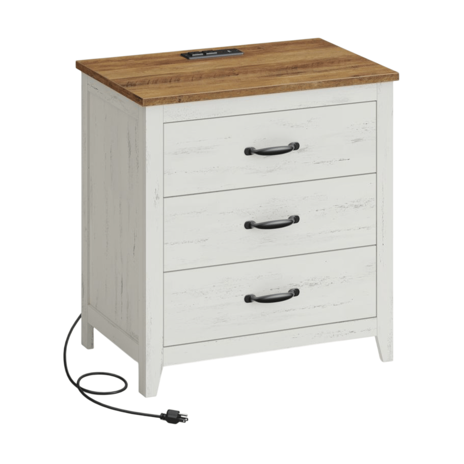White wooden chest with three drawers, black handles, and a rustic brown top. Features built-in power outlets on the top surface and a power cord.