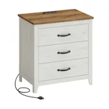 White wooden chest with three drawers, black handles, and a rustic brown top. Features built-in power outlets on the top surface and a power cord.