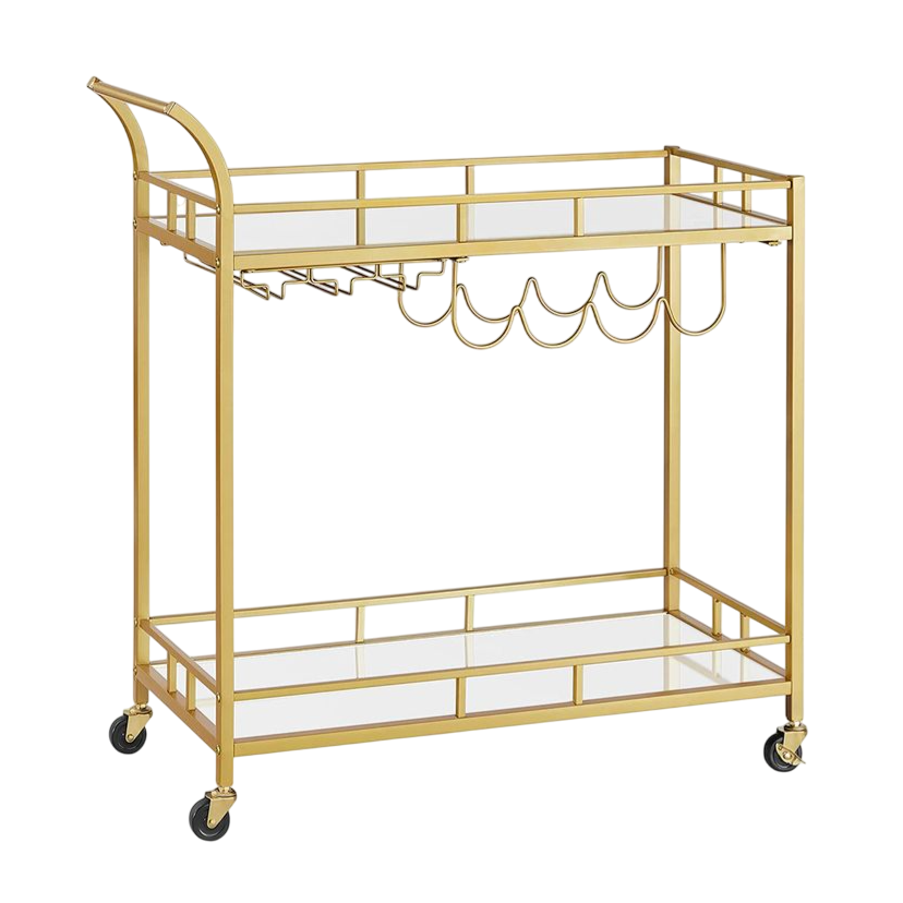 A gold metal bar cart with two mirrored shelves, wine glass holders, and bottle racks, featuring four black caster wheels for mobility.