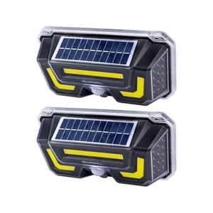Two motion-activated solar lights featuring solar panels and LED lights. They are designed for outdoor use to provide illumination when motion is detected.
