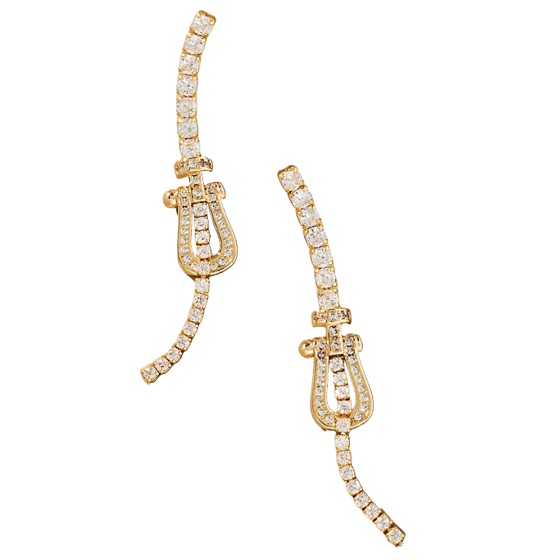 Gold pavé buckle drop earrings featuring a curved design encrusted with small sparkling stones, resembling a belt buckle.