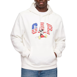White hoodie featuring the GAP logo with an American flag design and an image of Mickey Mouse, paired with blue jeans.