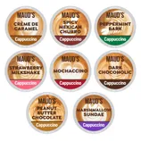 Nine different flavored cappuccino pods, including Creme de Caramel, Spicy Mexican Churro, Peppermint Bark, Strawberry Milkshake, Mochaccino, Dark Chocoholic, Peanut Butter Chocolate, and Marshmallow Sundae.