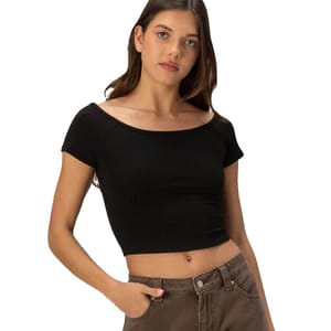 A black, short-sleeve boat-neck tee with a fitted, cropped design. Styled with casual brown pants.