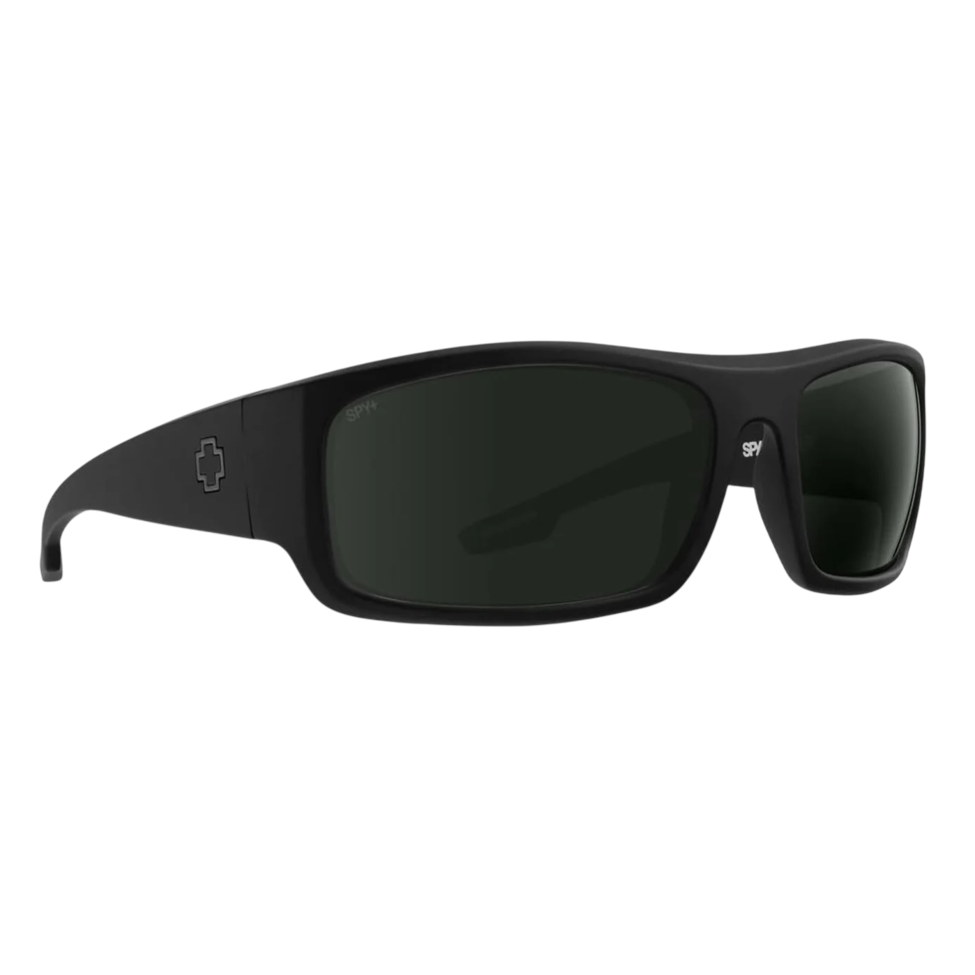 Black sunglasses with a rectangular frame and dark lenses, featuring the SPY+ logo and a cross symbol on the temple.