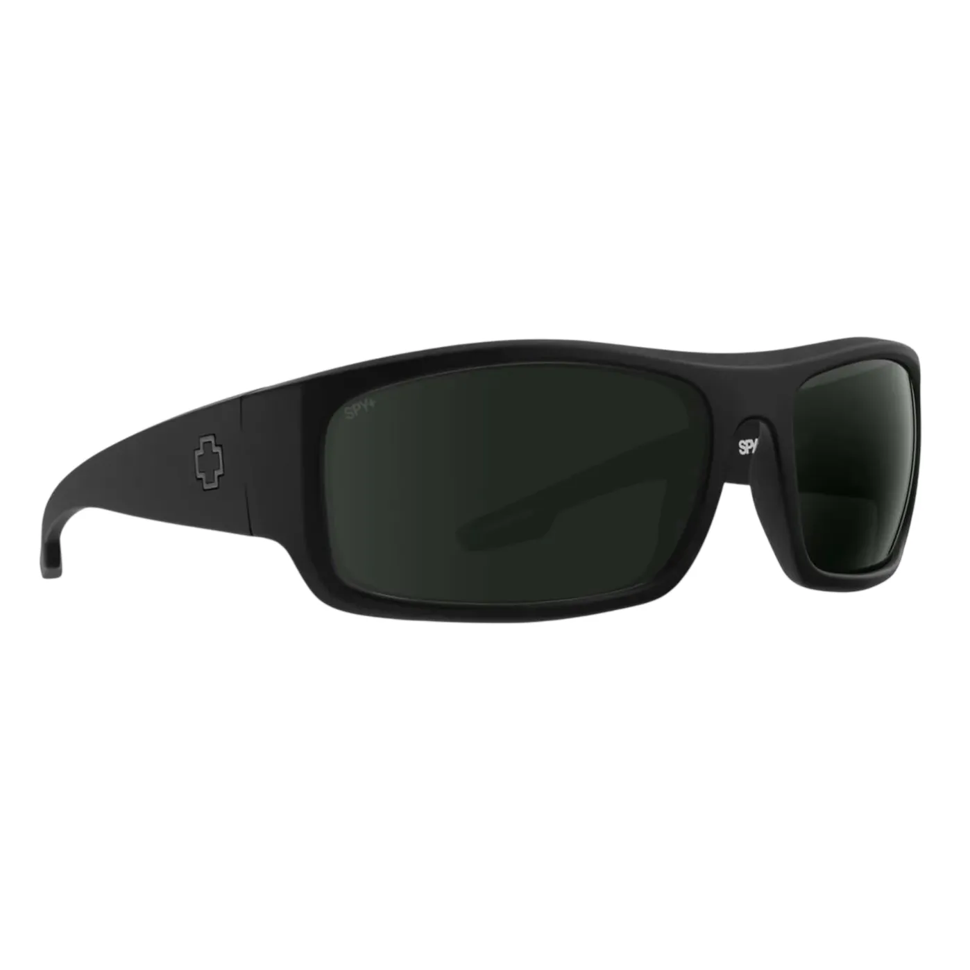 Black sunglasses with a rectangular frame and dark lenses, featuring the SPY+ logo and a cross symbol on the temple.