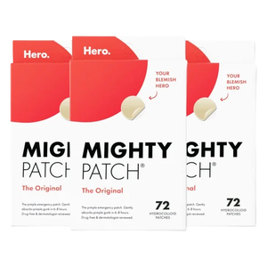 Three boxes of Hero Mighty Patch, each containing 72 hydrocolloid patches designed for blemish care.