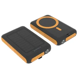 Dual-purpose device featuring a solar panel for charging and a wireless charging pad on its opposite side, with ports for output and Type-C connection, designed for portable power solutions.