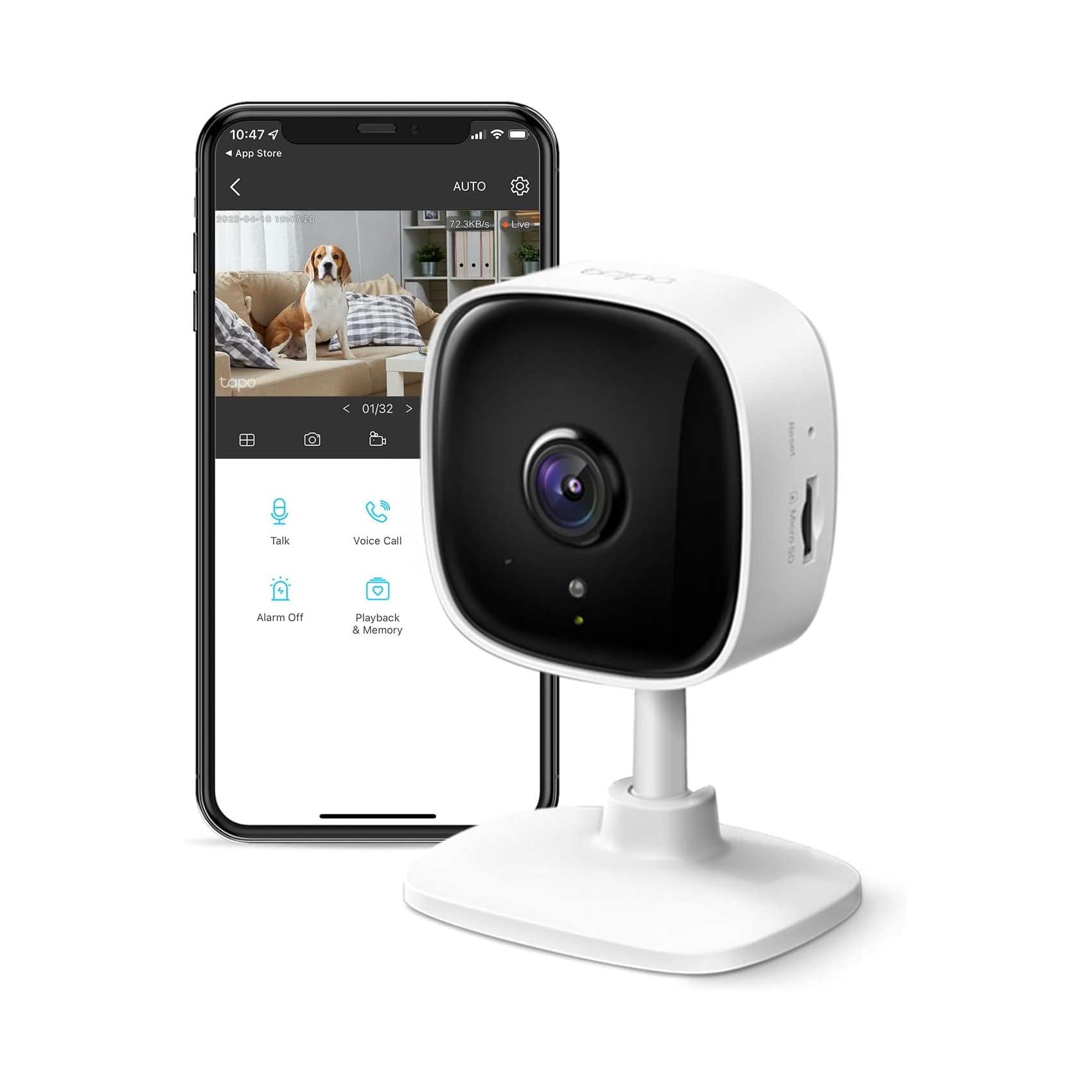 A home security camera beside a smartphone displaying the camera's live feed.